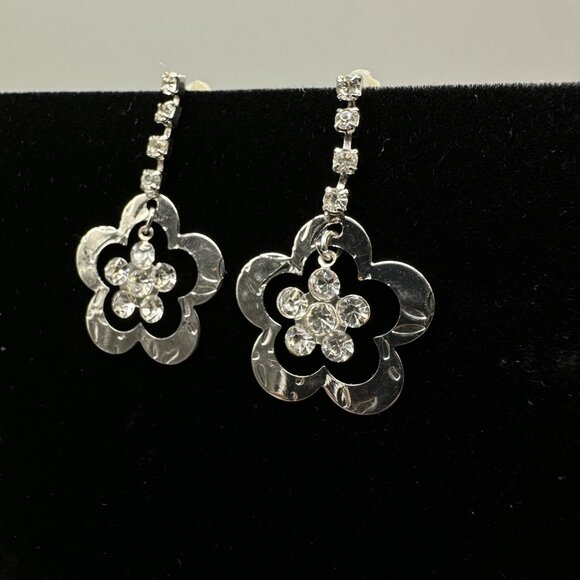 3/$30 Rhinestone Flower Earrings Silver Drop Pierced Dangle Sparkly Floral 1.5" - Picture 3 of 9